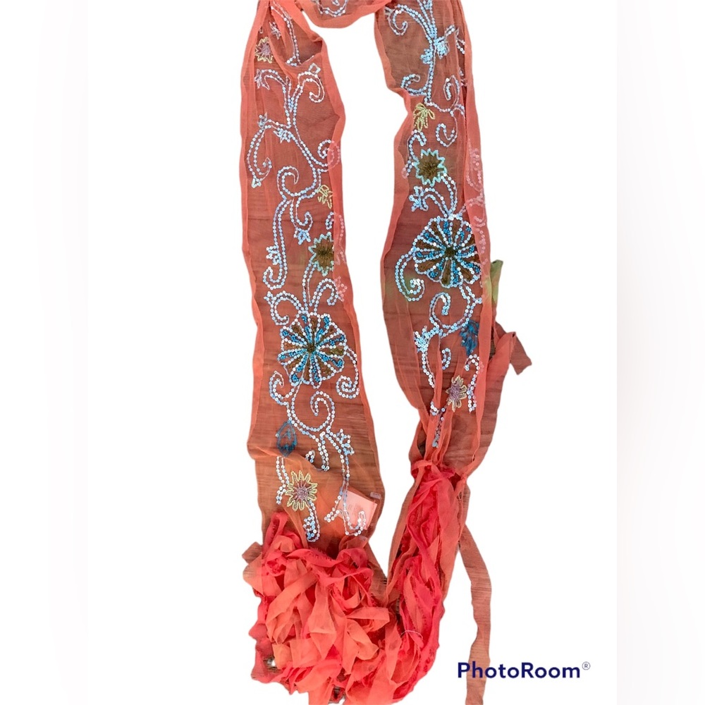 Vintage Y2K Marciano Guess Orange Turquoise Beaded Sequin Long Scarf